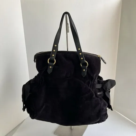 Vintage Juicy Couture Handbag Y2K Black Velour Shoulder Bag Big Rhinestones Bow - Picture 6 of 16